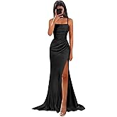 boisao Satin Bridesmaid Dresses for Women Long Pleated Mermaid Formal Evening Wedding Guest Dress with Slit