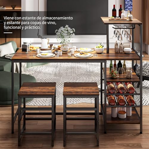 SIMPLE ESPACIO Barra de Cocina,Desayunador Tiene Seis Capas de Espacio de Almacenamiento,Mesa de Bar,Comedor Viene con Dos Sillas,con Estante para Copas Vino,Adecuado para Cocina y Bar(Color Retro)