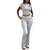 AYWA Women's 2 Piece Lounge Sets Short Sleeve Crop Top Foldover Flare Pants Casual Pajama Outfits