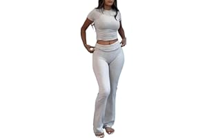 AYWA Women's 2 Piece Lounge Sets Short Sleeve Crop Top Foldover Flare Pants Casual Pajama Outfits