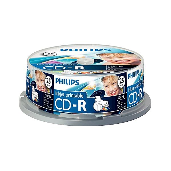 Philips CD-R Rohlinge bedruckbar (700 MB / 80 Minuten, 52x Speed , 25er Spindel, White Inkjet Printable)