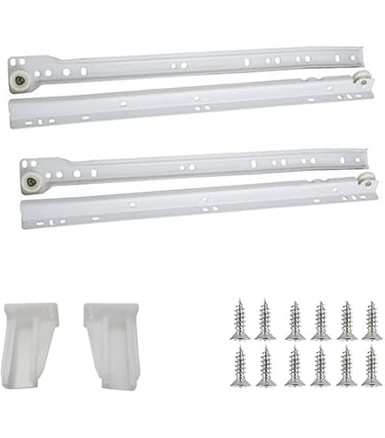 Laurey 10514 Bottom Mount Euro Drawer Slide – 14 Inch, White Powder-Coated, Pair, 75 Lbs Capacity, Roller Nylon Wheels For Cabinet & Furniture
