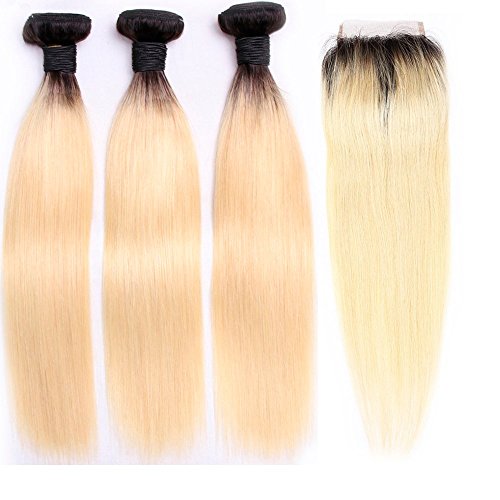 HC 1B/613 Straight Blonde 3 Bundles with Lace Closure Dark Root Blonde Brazilian Virgin Hair with Closure Ombre Hair Extensions Two Tones (14 14 16 with 12)