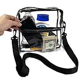 EliteBags Clear Cross Body Messenger Tote Shoulder Bag w Adjustable Strap, NFL Stadium Approved Vinyl Purse, Black Trim