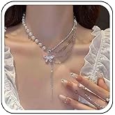 Allereyae Vintage Layered Crystal Butterfly Choker Necklace Silver Pearl Butterfly Y Necklace Long Chain Y Lariat Necklace Butterfly Tassel Chain Necklace Jewelry for Women