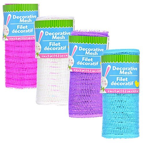 Decorative Easter Mesh Rolls for Crafting Wreaths, Centerpieces, Displays, Table Drape and More, 5 Yards (4 Rolls, Fushshia, Purple, White, Blue)