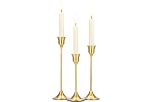 Tifanso Taper Candle Stick Holder - 3PCS Brass Gold Pillar Tall Candlestick Holders Metal Vintage Decor Dinner Table Dining Room Centerpieces Decorations for Wedding Fireplace Mantel Housewarming Gift
