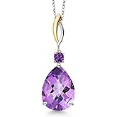 Gem Stone King 925 Silver and 10K Yellow Gold Purple Amethyst Pendant Necklace for Women | 10.11 Cttw | Gemstone February Birthstone | Pear Shape Checkerboard 18X13MM | With 18 Inch Chain