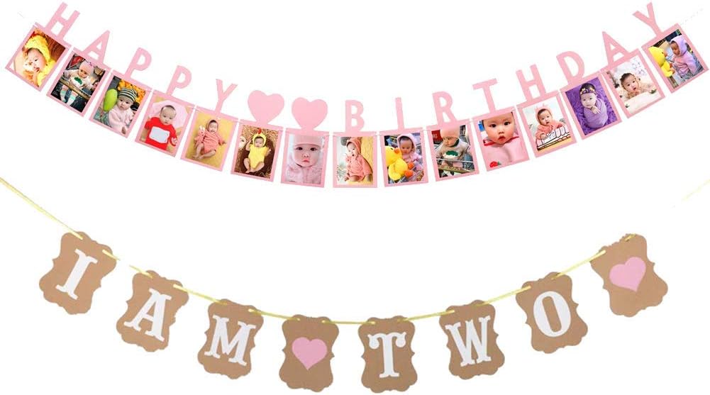 Dusenly Happy Birthday Photo Banner I AM TWO 2nd Birthday Party Bunting Banner Baby Birthday Set Baby Boy Girl Birthday Decoration Photo Prop Party Supplies (Pink)