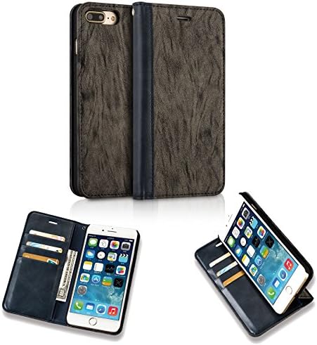 Purse Case for iPhone 7 Plus 8 Plus Ultra Slim with Kickstand Function Magnet Flap Cover Card Slots Holder Case Vegan Leather Wallet Case for iPhone 7 Plus with Gift Box (Grey/blue)