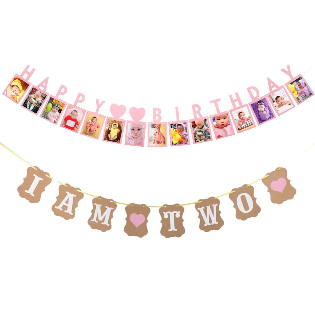 Dusenly Happy Birthday Photo Banner I AM TWO 2nd Birthday Party Bunting Banner Baby Birthday Set Baby Boy Girl Birthday Decoration Photo Prop Party Supplies (Pink)