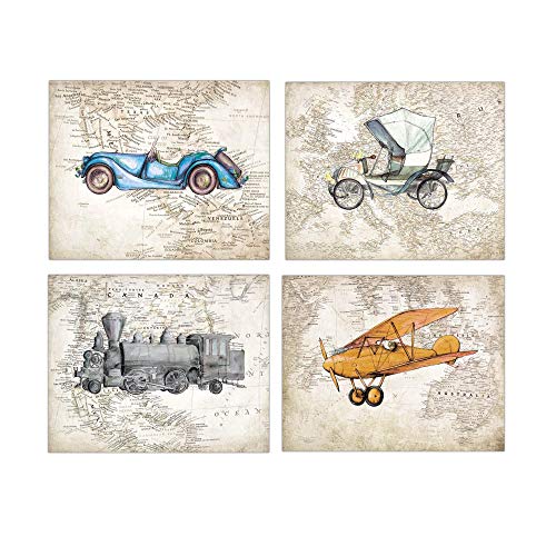 Vintage Train Car Plane on World Map 4 Prints 8x10