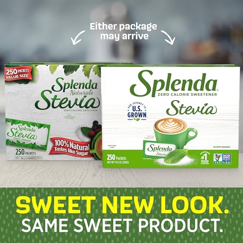 SPLENDA STEVIA ZERO CALORIE SWEETENER, PLANT BASED SUGAR SUBSTITUTE GRANULATED POWDER, SINGLE SERVE PACKETS WITH TRAY, 250 COUNT (PACK OF 1)