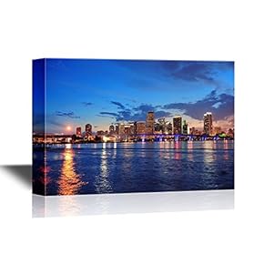 USA City Skyline Canvas Wall Art - Miami City Skyline Panorama at Dusk with Urban Skyscrapers and Bridge - Gallery Wrap Modern Home Art | Ready to Hang - 12x18 inches