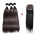 AMZTMY Brazilian Straight Virgin Hair 3 Bundles With Closure 100% Unprocessed Hair Extensions Remy Human Hair Weft Weave With 4×4 Lace Closure Natural Color 10-26 Inch