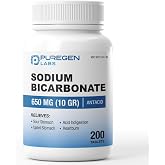 Puregen Labs Sodium Bicarbonate Tablets 650mg (10 Grains) - 200 Count | USP Grade Baking Soda Supplement, Natural Relief of Acid Indigestion, Heartburn, Sour Stomach &amp; Upset Stomach