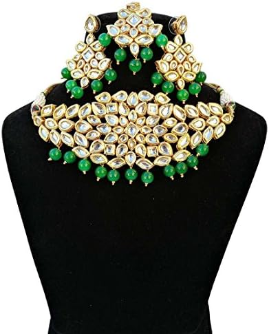 Finekraft Meena Kundan Bridal Wedding Designer Gold Plated Green Color Necklace Jewelry Set
