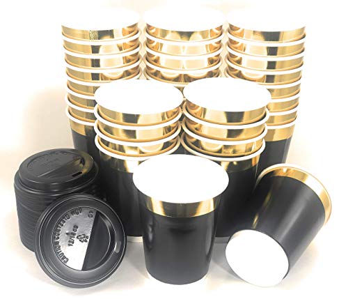 Gold Rim 12oz Double Wall Coffee Cups 40pcs + 10pcs bonus - Disposable Paper Cup with Lids - Insulated black design to go for hot beverage - Multi-purpose Leak Proof Container - ELEGANT GOLD DESIGN
