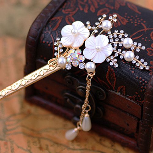 Happy Hours - Crystal Rhinestone Bead Hair Clasp For Women and Teen Girl / Natural Shell Alloy Flower Design Hair Pins Stick With Dangle Tassel Pendant(Style 1) - Thumbnail 3