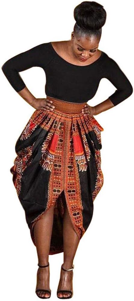 FeiBeauty 🔅 Women Ladies Party Dresses African Print Crew Neck High Waist Color Block Evening Dress Pleated Maxi Dress with Irregular Hem