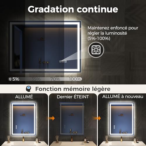 STARLEAD Mirror-LED-Bathroom-with-Lighting and Bluetooth, Anti-fog, 3 Colours Light, Dimmable, Memory, IP44, Tempered Glass, Horizontal/Vertical