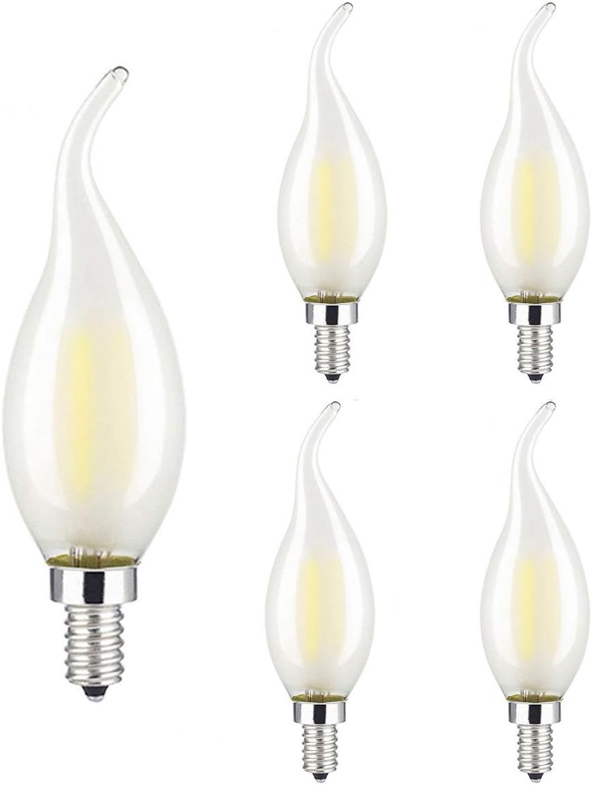 Wonninek 6W Dimmable LED Filament Candle Light, 5000K Daylight 600LM Chandelier LED Bulb, E12 Candelabra Base Lamp, C35 Flame Shape Bent Tip, Frosted Glass Cover, 60W Incandescent Replacement -5 Pack