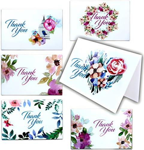 Thank You Cards Pack - Best Note for Gratitude Moments, Wedding, Birthday, Bridal, Baby Shower - Assortment 36 Set Includes 6 Personalized Floral Designs with White Envelopes - Greetings to Friends