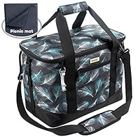 Kaome Cooler Bag Soft Collapsible Picnic Bag, Large Reusable Insulated Camping Cooler, Leakproof Durable Lunch Bag for Family Camping Picnic BBQ (with Picnic Mat & Removable Shoulder Strap) (Green)