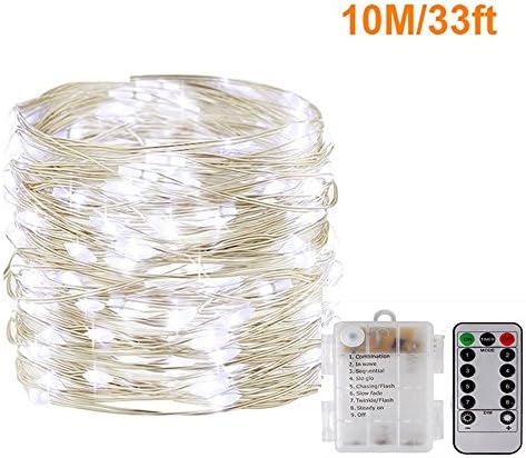 Fairy String Lights with Remote,[1Pack 33Ft] Vikdio Waterproof 100 Leds Starry Lights 8 Modes Battery Operated Silver Wire Fairy Rope Lights for DIY Wedding Party, Bedroom, Patio, Garden (White)