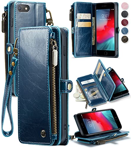 Defencase Compatible with iPhone SE 2020 2022 Case Wallet with Card Holder for Women Men, PU Leather Magnetic Snap Flip Zipper Strap Wallet Phone Case Fit for iPhone SE/7/8, Luxury Blue
