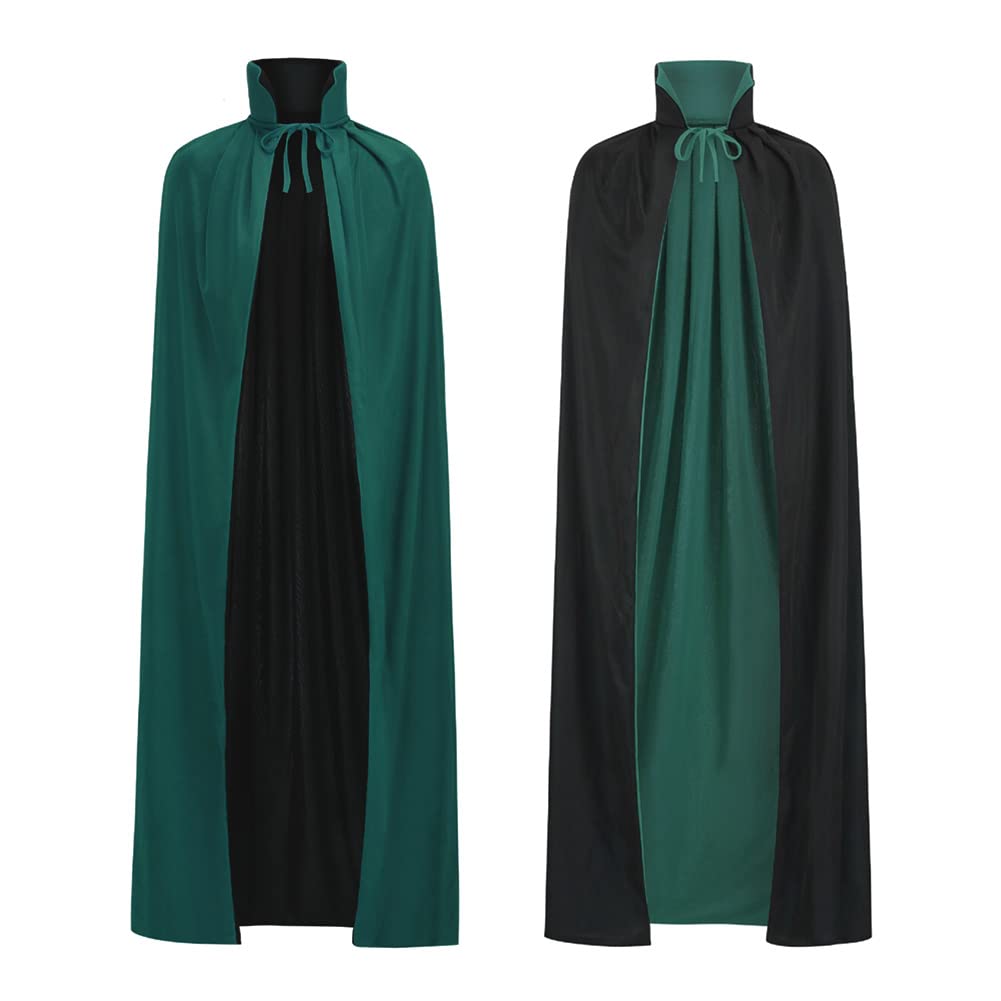 HAPNBCELE Reversible Cape Adults, Medieval Vampire Devil Magician Wizard Cloak Costume Halloween Christmas Masquerade Party (Green-Black, 140cm/55.11")