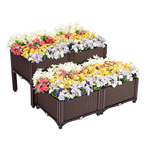 VIVOHOME Elevated Plastic Raised Garden Bed Planter Kit for Flower Vegetable Grow Brown Set of 4 (Renewed)