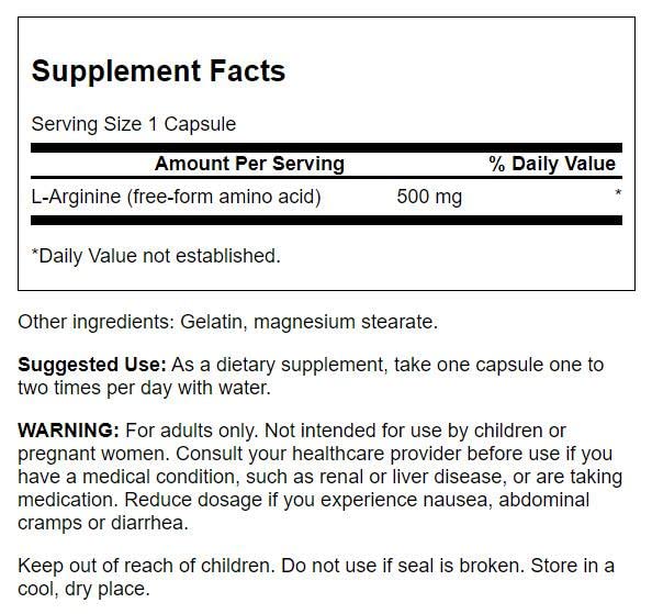 Swanson Amino Acid LArginine 500 Milligrams 100 Capsules (2 Pack