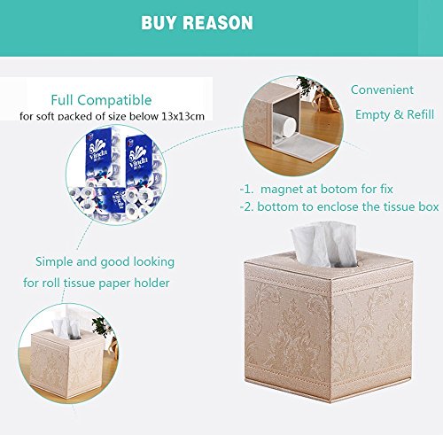 LYUS Square Tissue Holder Stylish PU Leather Napkin Holder Pumping Paper Box Case Dispenser, Facial Tissue Holder with Magnetic Bottom for Home Office Car Automotive Decoration Brown (Apricot)