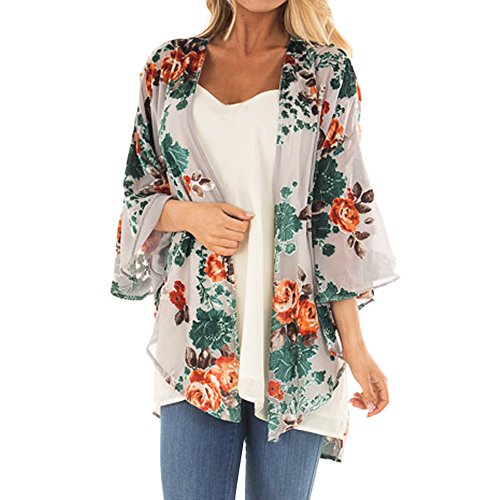 HTDBKDBK Women Causal Loose Half Sleeve Summer Chiffon Floral Kimono Shawl Chiffon Cardigan Gray