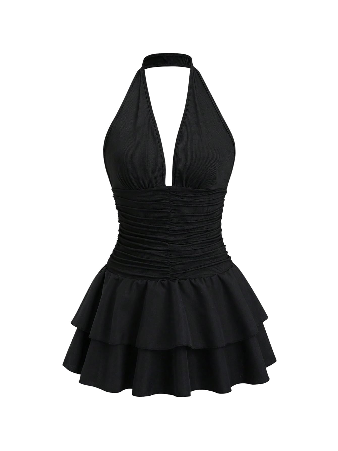 Halter Dresses For Women Milumia Women's Punk Tie - Black Ruched Mini Dress With Ruffle Hem (Y2K Style) Backless Halter Dress Halter Dresses For Women Milumia Women's Punk Tie - Black Ruched Mini Dress With Ruffle Hem (Y2K Style) Backless Halter Dress