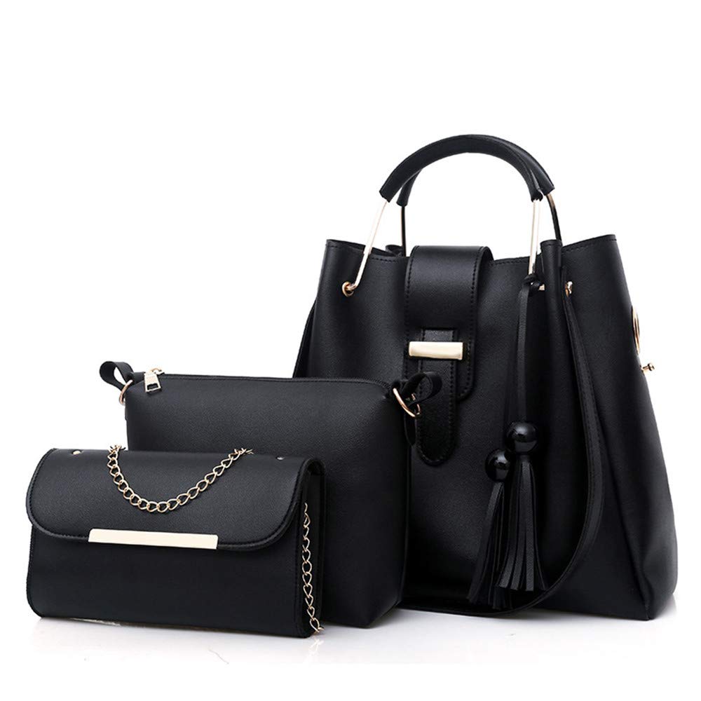 KEEPOP Women Handbag+Shoulder Bag+Purse 3pcs Set Tote Handbag Soft PU Leather Handbag Black