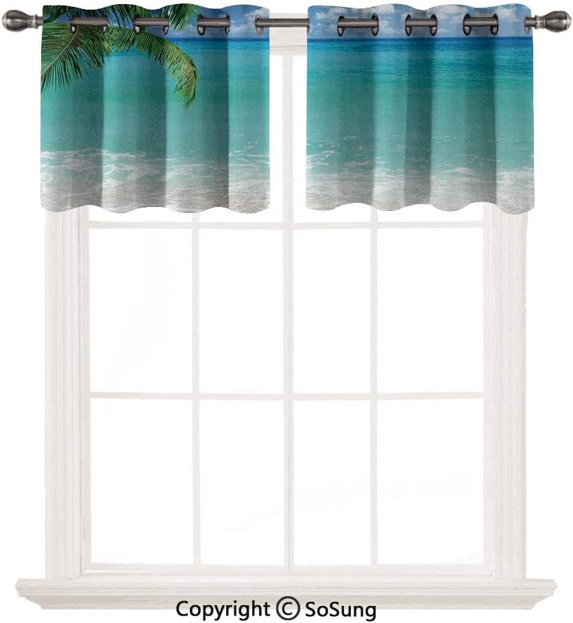 Ylljy00 Ocean Decor 2 pcs 42x18 Short Curtains Blackout Valance,Exotic Lebanon Beach Panoramic Sea View with Clean Water and Blue Sky Thermal Insulated Light Reducing Drapes for Half Window,