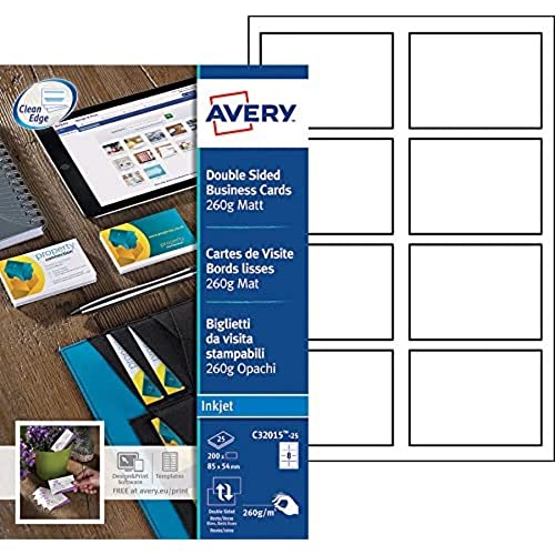 Avery Double-Sided Matt Business Cards for Inkjet Printers – 85 x 54 mm, 260gsm, Pack of 200, C32015-25