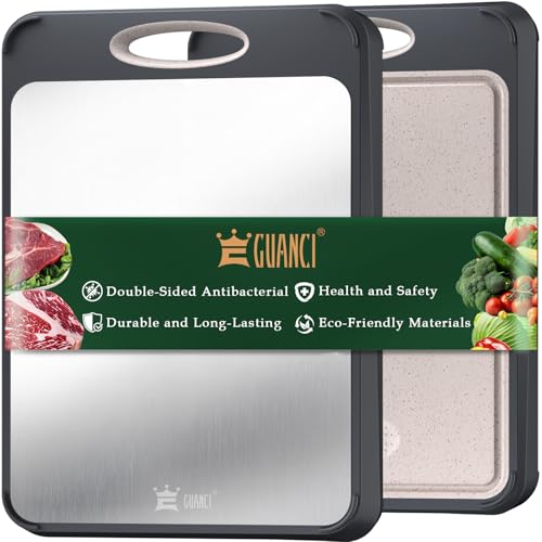 GUANCI Cutting Board for Kitchen Double Sided 304 Stainless Steel Chopping Board Food-Grade Stainless Steel and Wheat Straw PP Large Size 16”×11” Easy to Clean