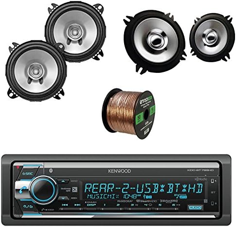 Kenwood Single Din CD/AM/FM Car Audio Receiver with Bluetooth with Kenwood 4 Inch Coaxial Speakers Stereo Pair, Kenwood Sports Series 5.25 Inch Car Coaxial Speakers Pair &amp; Enrock Speaker Wire