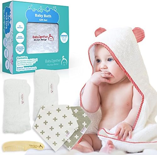 Baby Hooded Towel for Toddlers - Baby Towels and Washcloths Set - Organic Bamboo Towel with Hood 48"x 28"- Bath Clothes Set for Boy , Girls, Newborns - Baby Drool Bibs and Comb for Kids Included