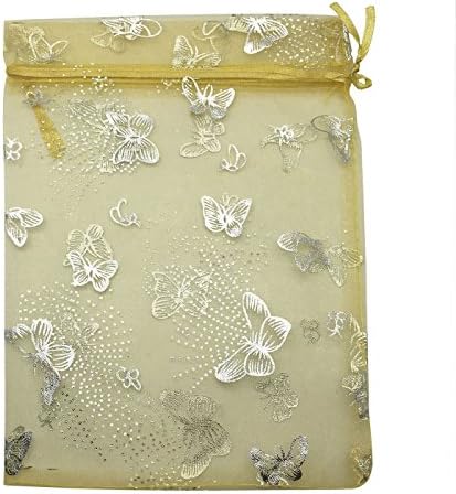 Sosam 100PCS 6x8" (15x20cm) Drawstring Organza Jewelry Favor Pouches Wedding Party Festival Gift Bags Candy Bags (6x8", Butterfly Silver and Gold)