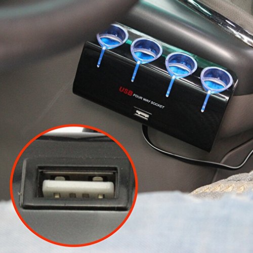 KitMax (TM) Auto Car Vehicle 4 Way 12V Cigarette Electric Lighter Socket Power Adapter Multiple Splitter Outlet Plug with USB Charger Port for GPS Mp3 Cell Phone iPhone Samsung Galaxy Garmin Tomtom