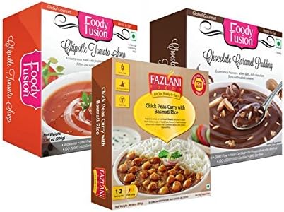 Ready to Eat Chipotle Tomato Soup + Chick Peas Curry with Basmati Rice + Chocolate Caramel Pudding - Complete Meal Combo by Fazlani Food