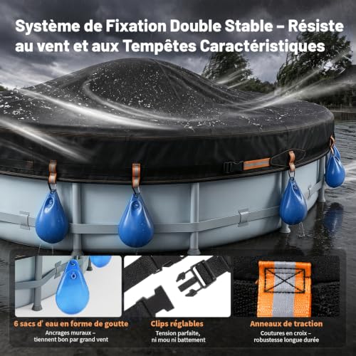 Round Pool Cover 366 cm Kit with Pool Cushion, 6 Hydrated Weight Bags | 420D Oxford UV Protection Overground Swimming Pool Cover with Clip Buckles and Drawstring