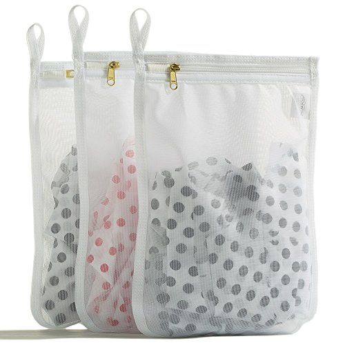 TENRAI Delicates Laundry Bags, Bra Fine Mesh Wash Bag for Underwear, Lingerie, Bra, Pantyhose, Socks, Use YKK Zipper, Have Hanger Loops, Small Openings (White, 3 Small)