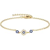 14k Gold Evil Eye Bracelets for Women,Adjustment Dainty Gold Protection Bracelets Blue Evil Eye Sparkle Rhinestone Bring Luck Prosperity
