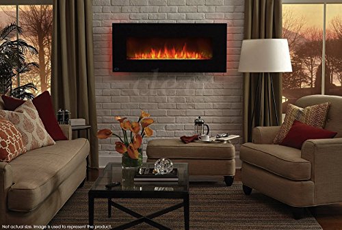 Clevr 48" Adjustable Electric Wall Mount Fireplace Heater, 750-1500W Mordern Black Heat, Decorative Crystals, Adjustable Front and Back Light Color, 48 Inch Wide, On Wall Hanging, 3D Flame Effect