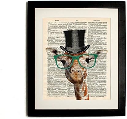 FRAMED gentleman giraffe Upcycled Vintage Dictionary Art Print Matted 10"X12" frame